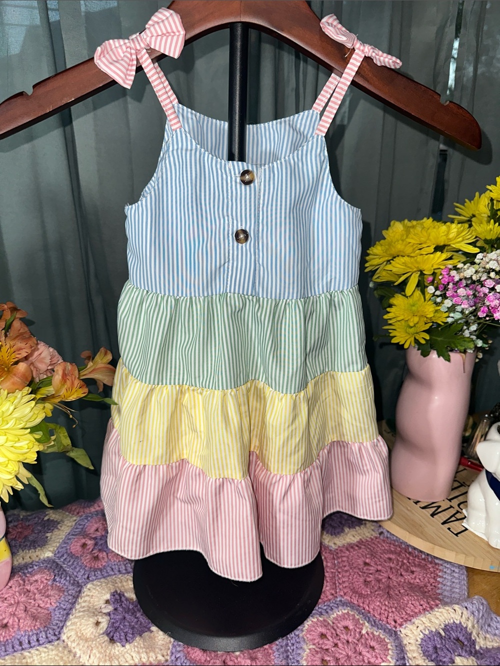 🎉SHEIN Pastel Tiered Stripe Sundress with Pink Bow Straps. C313